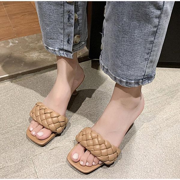 

slippers women high heels chain pu square toe fashion woman pumps summer sandals outdoor comfort ladies footwear 2021, Black