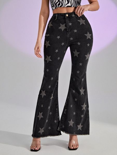 

star print raw hem flare leg jeans e3ap#, Blue