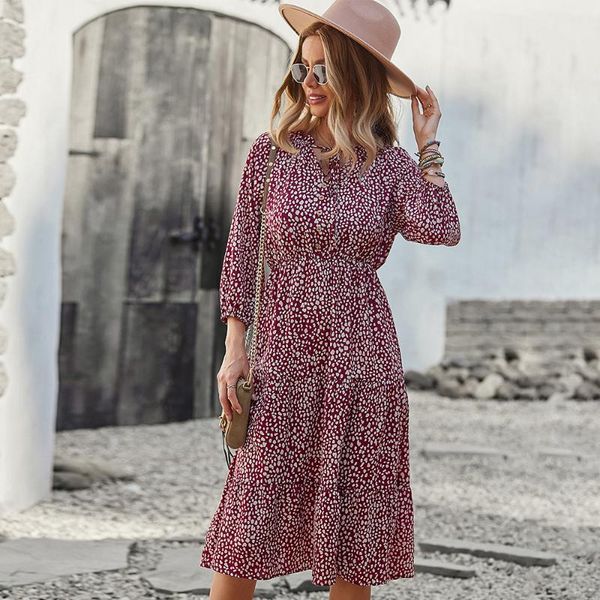 

casual dresses donsignet fashion women's dress autumn leisure v-neck hedging printed button waist slimming long-sleeved, Black;gray