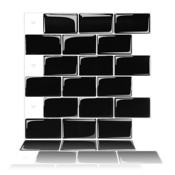 Art3d 30x30cm Peel and Stick Backsplash Piastrelle Adesivi murali 3D per Cucina Bagno Camera da letto Lavanderie, Nero lucido, Sfondi (10 fogli)