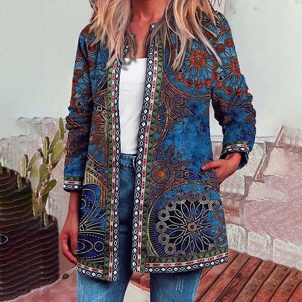 

women's jacket daily fall winter regular coat open front round neck regular fit warm casual jacket long sleeve floral pocket print blue, Black;brown