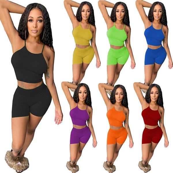 

women two piece pants summer sling casual outdoor running fitness female solid color shorts sports suit lgb, White