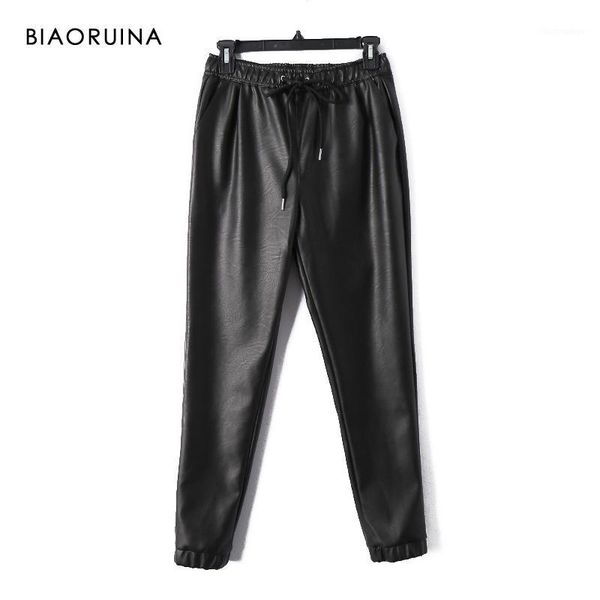 

women's pants & capris biaoruina black pu casual high waist pant female fashion all-match slim pencil trousers streetwear arrival, Black;white