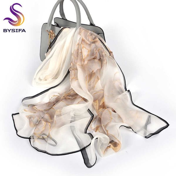 

[bysifa] female spring white chiffon silk scarves new floral design long 100% silk scarf shawl autumn winter women neck scarf q0828, Blue;gray
