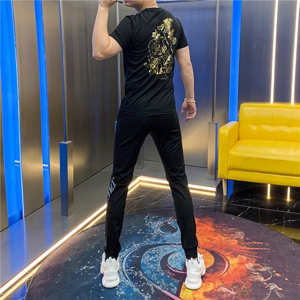 

hoodies europe station men's custom summer suit come back letter printing drill around neck short pants two pieces together, Black