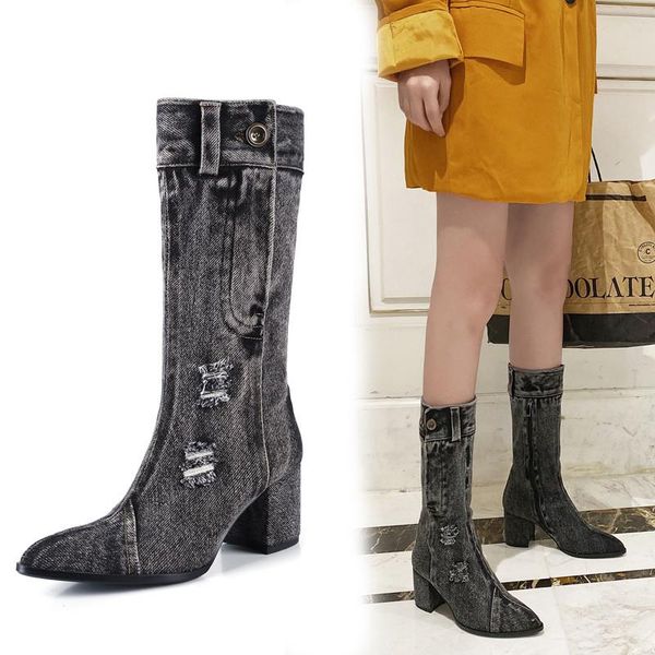 

boots denim women mid-calf pointed toe short winter button knight female fashion high heel shoes handmade, Black