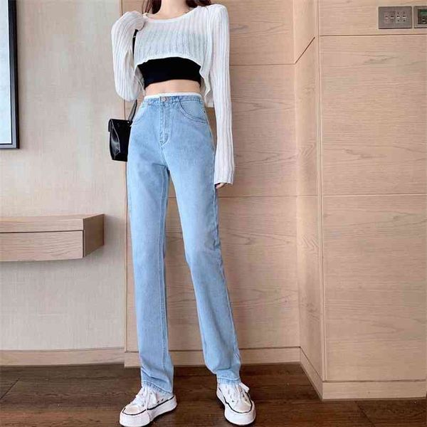 

vintage hong kong style jeans korean chic high-waisted slim straight pants loose-fitting pants trend 210510, Blue