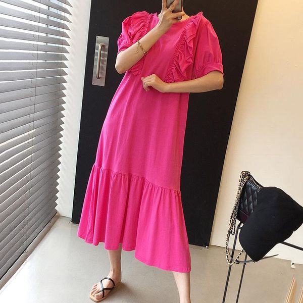 

party dresses [ewq] korea chic fashion casual o neck robe ruffle stitching solid color loose green puff sleeve midi dress women 2021 16e423, White;black