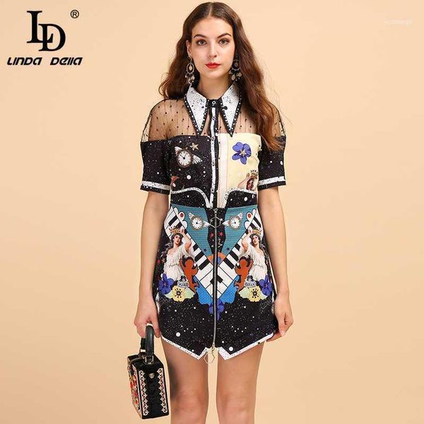 

two piece dress ld linda della fashion runway summer suit women's short sleeve mesh splice shirt and character printed skirt pieces lad, White
