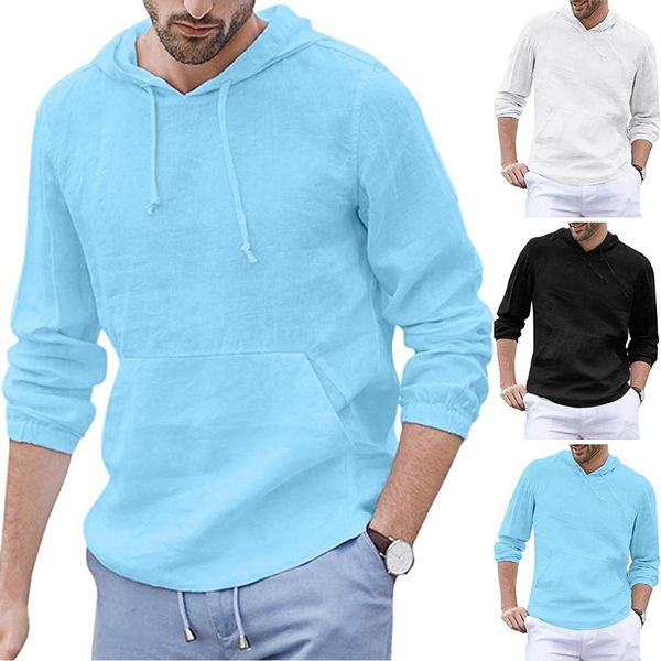 Europäischer Stil Herren Baggy T-Shirts Baumwolle Leinen Kapuzentasche Solide Langarm Retro-Shirt Tops