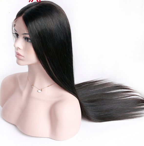 

no tangle raw glueless unprocessed virgin remy human hair natural color silky straight full front lace silk wig for girl, Black;brown