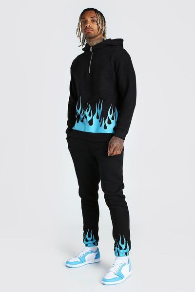 

men's tracksuits harajuku high-quality printed casual hoodie sports suit flame fashion youth personality male hip-hop clothing, Gray