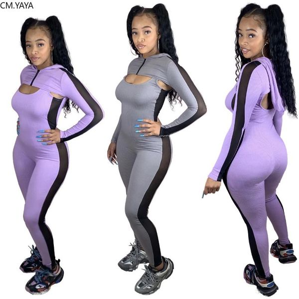 

women's tracksuits cm.yaya knit splicing set long sleeve crop leggings pants suit active wear tracksuit two piece fitness outfit, Gray