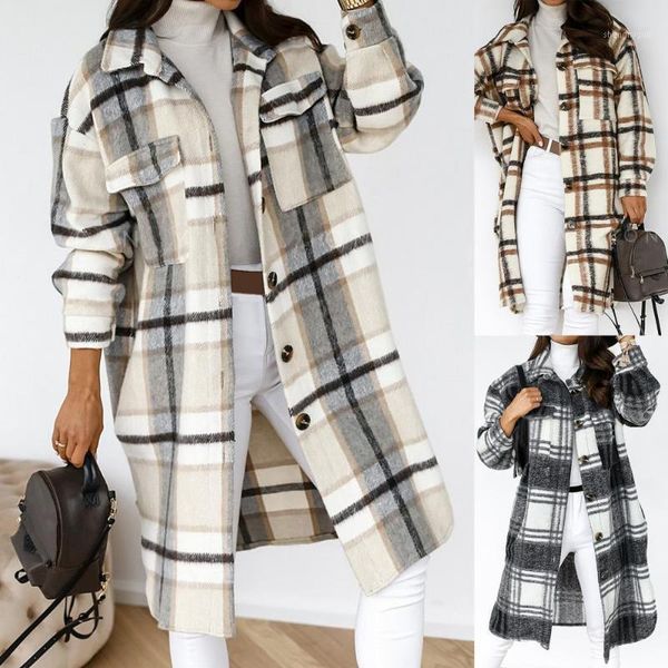 

women's wool & blends autumn casual plaid long sleeve lady jacket women vintage turn-down collar coat elegant female single breasted o, Black