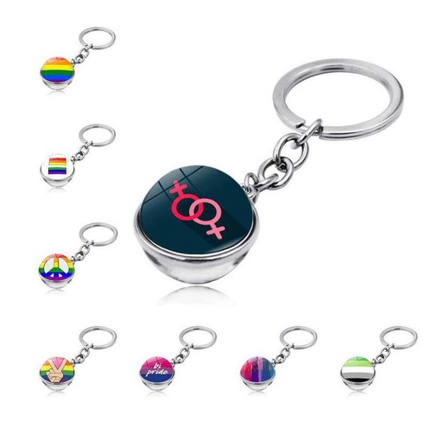 

keychains wg 1pc gay pride time jewel cabochon glass keychain pendant rainbow color banner metal keyring creative gift jewelry, Silver