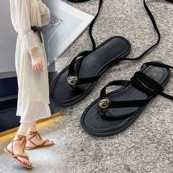 

sandals women's fashion ankle wrap ladies flat shoes clip toe women shoe female footwear casual comfortable bandage 2021, Black