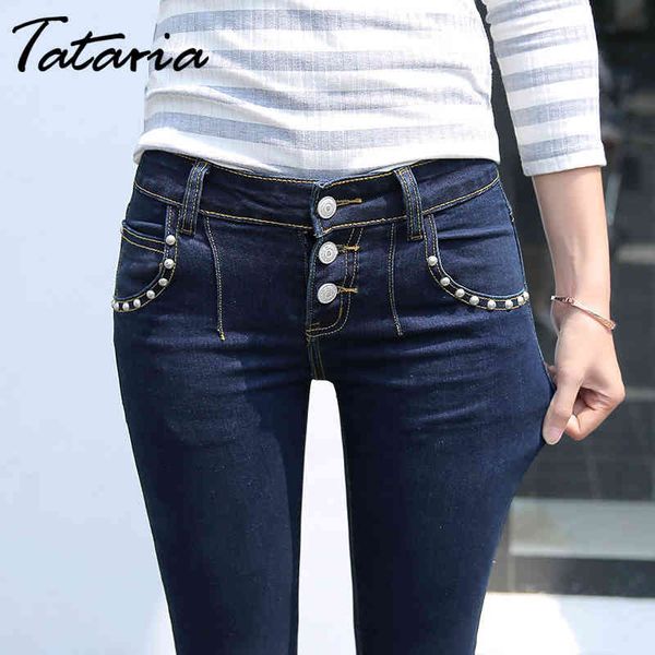 

button jeans mid waist woman slim korean elastic pencil pants with pearls denim trouser for women 210514, Blue