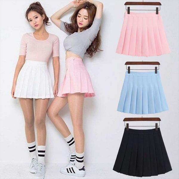 

spring high waist pleated harajuk womens skirt kawaii solid a line sailor feamle plus size japanese school, Black