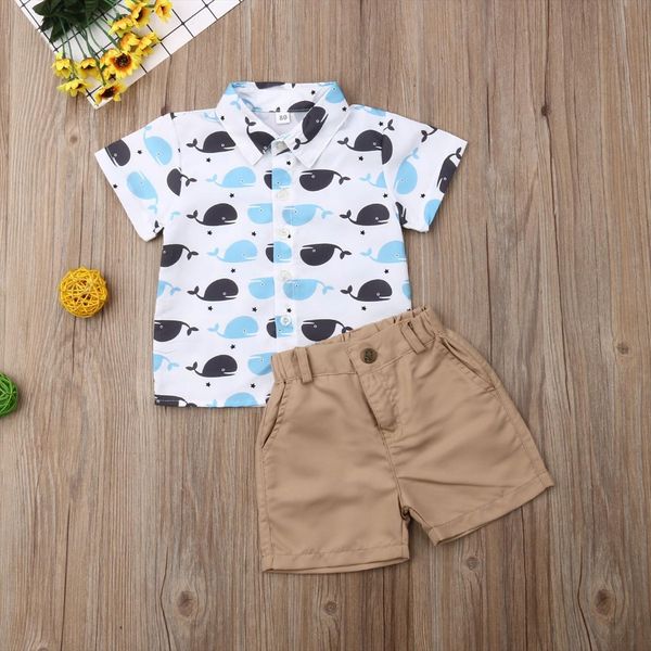 

summer toddler baby boy clothes cartoon whale print shirt short pants 2pcs outfits casual, White
