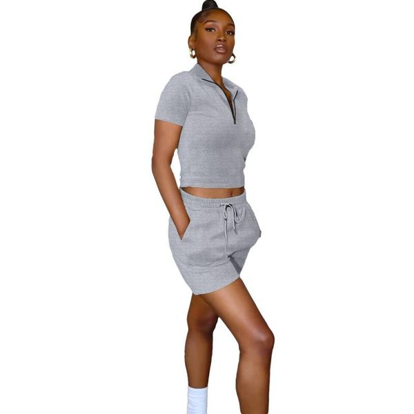 

women's tracksuits 2 piece set women casual shorts sets clothes fashion zip v turn down neck shrot sleeve crop short pants pockets outi, Gray