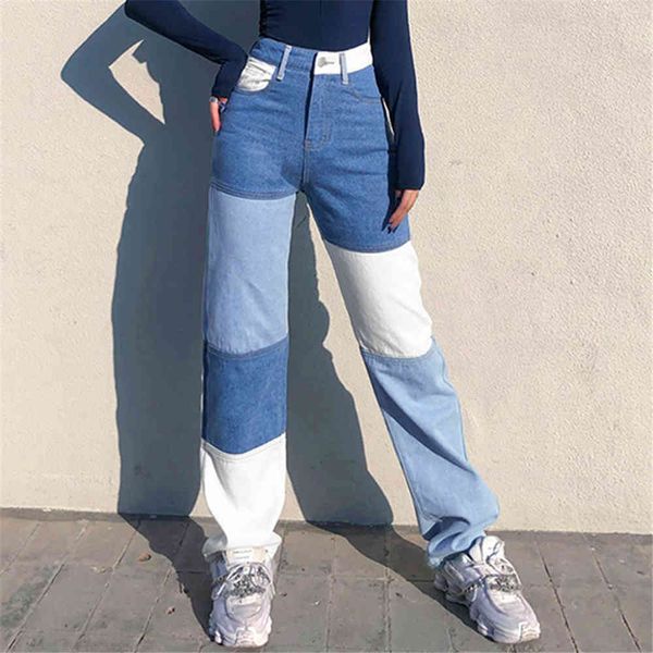 

women's jeans patchwork high jean waist straight leg women streetwear color block with pockets lady 2021 bottoms casual denim pants 3an, Blue
