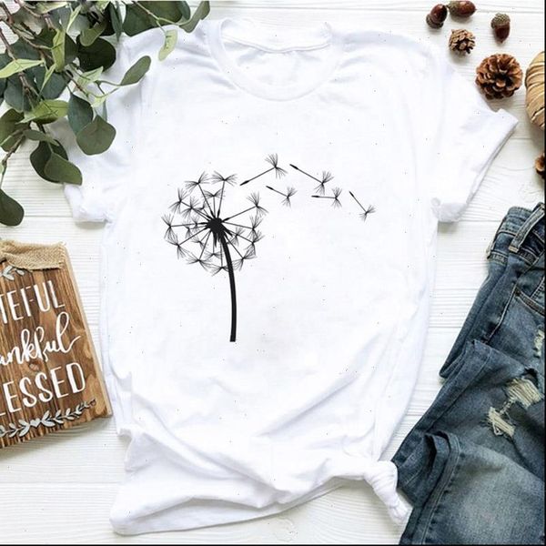 

women t shirt down wildflower dandelion print vogue casual fun female tee shirts for lady yong girl, White