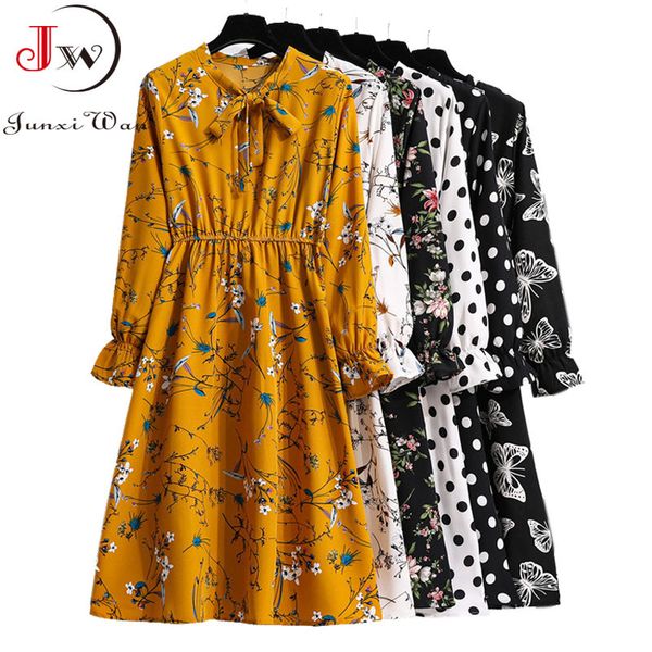 

women casual spring autumn dress korean style vintage floral printed shirt dress long sleeve elegant bow midi summer vestidos x0521, Black;gray