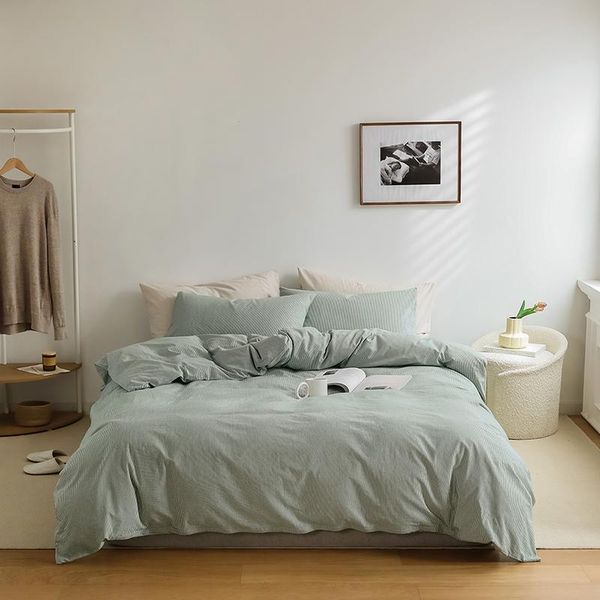 

bedding sets 3/4pcs green set 100% washed cotton quilt covers pillowcases fine striped duvet king kids single bed