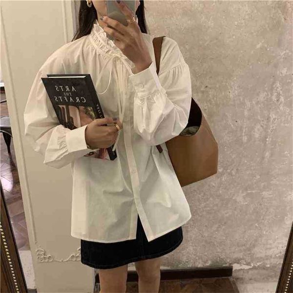 Satış Vintage Kadın Kore Beyaz Pileli Chic Şık Slim Gömlek Tatlı Moda Kadınlar Tüm Maç Bluzlar 210525