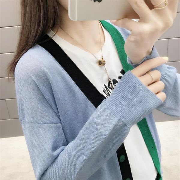 

women's sweaters 2021 spring sweater cardigan v-neck long-sleeved coat loose fashion color matching outside, White;black