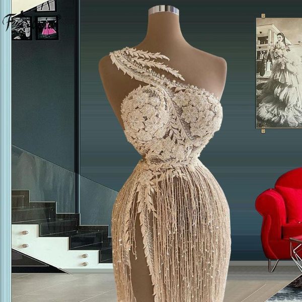 

party dresses 2021 arabic dubai exquisite applique lace prom one shoulder tassel formal evening gowns high side split celebrity dress, White;black