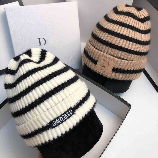 

designer little bear striped knitted hat men's and women's casual woolen hat autumn and winter crochet warm student hat fashion, Black;white
