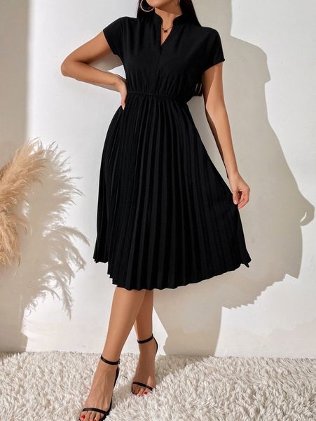

pleated hem notched neckline a-line dress w7xk#, Black;gray