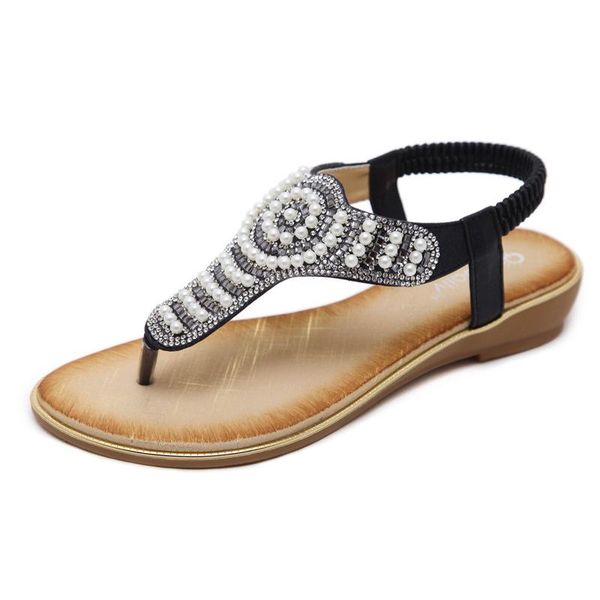 

women bohemia flat sandals shoes woman rhinestone pearl decoration flip flop beach casual size 35-42, Black