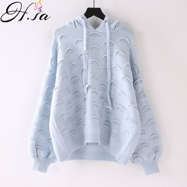 

h.sa women winter fashion clothes hooded pullover and sweaters lantern sleeve casual pull jumpers broken hole loose sweater 210417, White;black