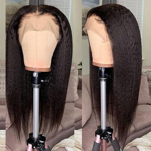 

synthetic wigs 1b 180 density 26inch kinky straight glueless yaki lace front hair wig black color frontal plucked daily fiber