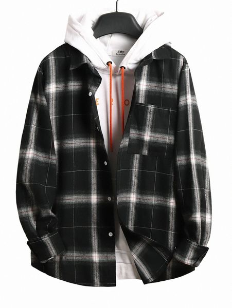 

men plaid patched pocket shirt without hoodie 42il#, White;black