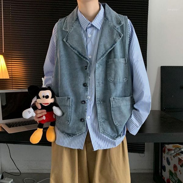 

men's jacket 2021 autumn slim solid color denim vest sleeveless loose casual personality youth wear jackets, Black;brown