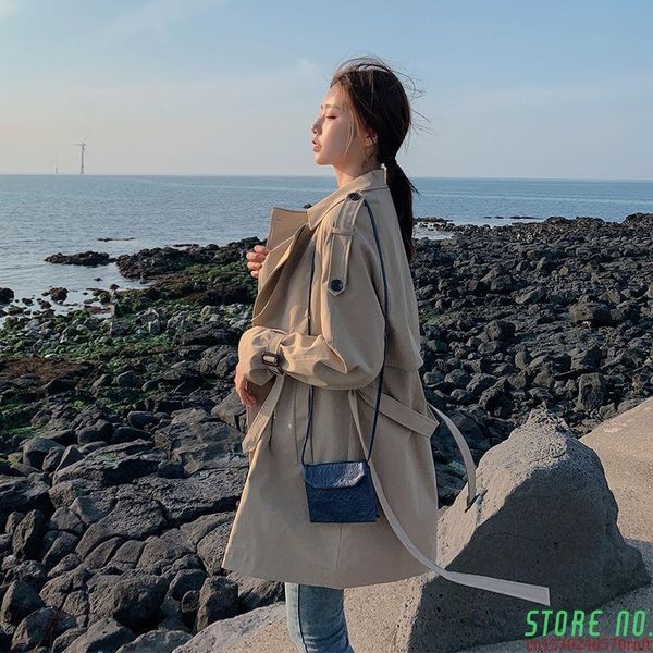 

women's trench coats fashion brand women coat long double-breasted belt blue khaki lady clothes autumn winter outerwear oversize 2021, Tan;black