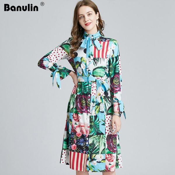 

casual dresses banulin 2021 spring runway contrast floral shirt dress women long sleeve bowknot multicolor print sashes holiday midi, Black;gray