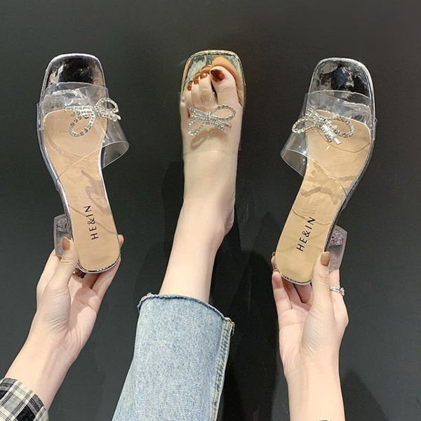 

sandals women square heels transparent pumps cyrstal bowknot thick shoes, Black