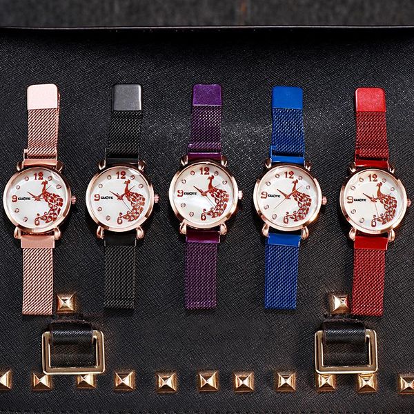 

wristwatches simple stainless steel watch with peacock female, Slivery;brown