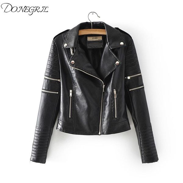 

women's leather & faux 2021 brand winter autumn motorcycle jackets women coat slim zip pu jacket femme, Black