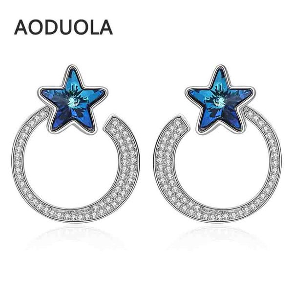 

stud fine 925 sterling silver earring star moon blue crystal earrings for women fashion jewelry gift accessories, Golden;silver