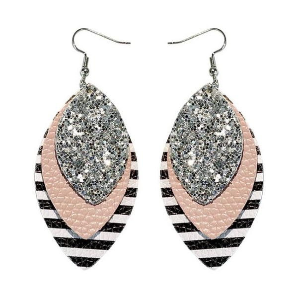 

dangle & chandelier layered pu leather stripe glitter earrings for women fashion vegan 2021, Silver
