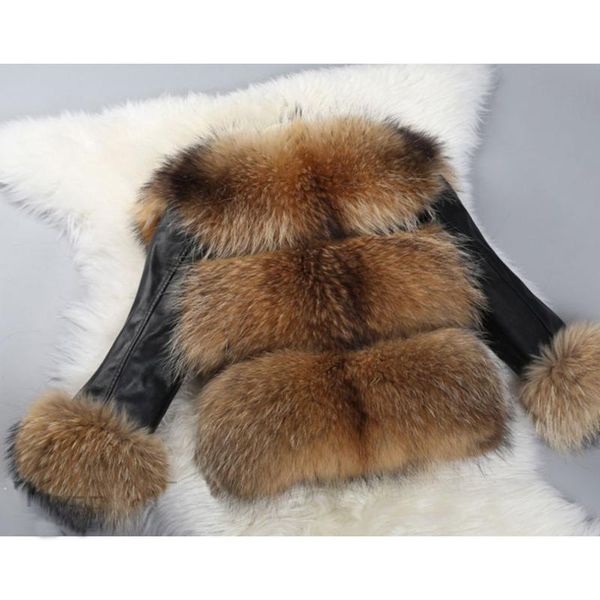 

women's fur & faux women short real raccoon coat with genuine sheep leather sleeve casual jacket story 16145, Black