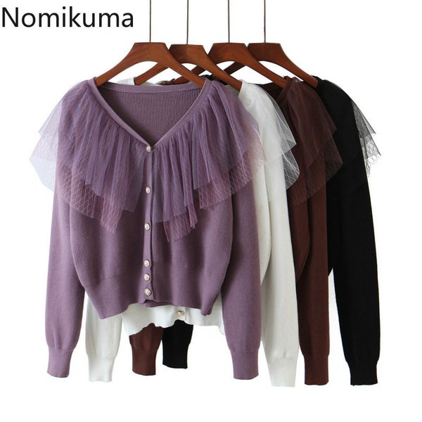 

nomikuma sweater coat korean mesh ruffle patchwork v-neck knitted cardigan autumn winter short knitwear women coat 6d097 210427, White;black