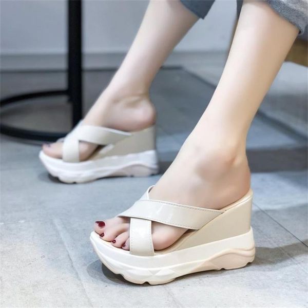 

women summer shoes fashion slippers lightweight thick platform high heel lady girls increased wedge sexy, Black