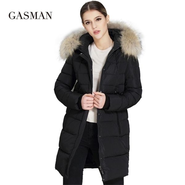 

gasman winter women down jackets coats brand hooded parka female overcoat natural fur collar plus size 6xl 6012 211008, Black