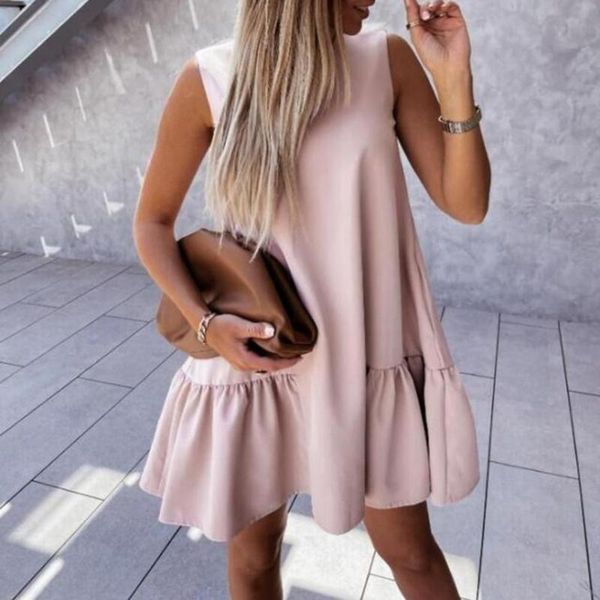 

summer ruffle casual loose pure color mini dress for women 2021 sleeveless plus size female sundress beach office lady dresses, Black;gray